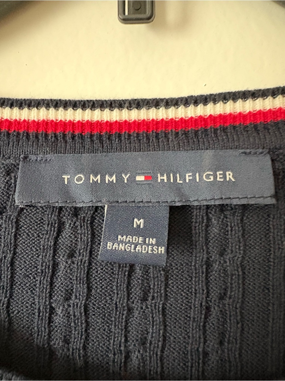 Tommy Hilfiger Navy Cable Knit Crewneck with Red and White Trim